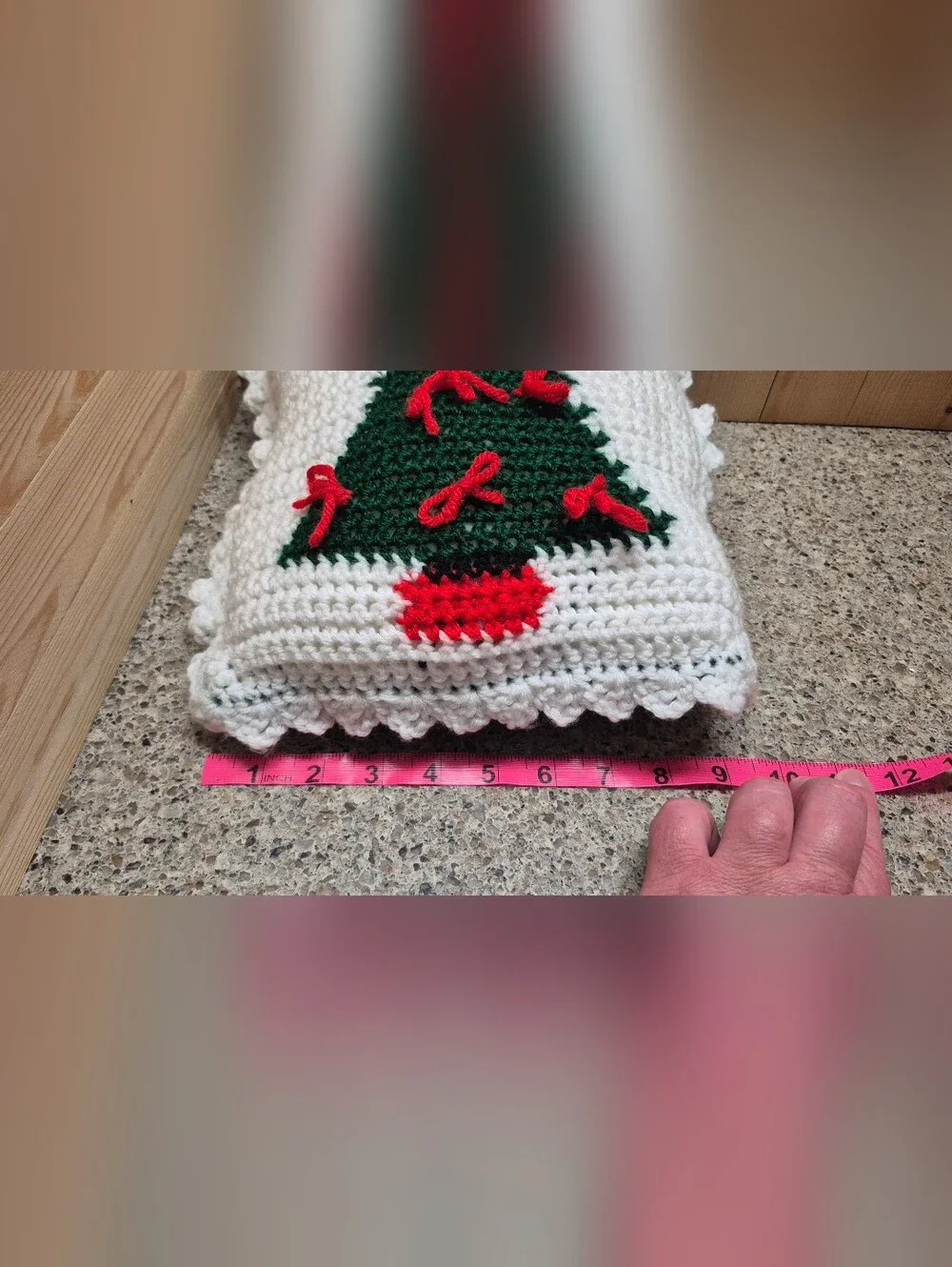 Vintage Hand Crochet Christmas Tree Throw Pillow Ruffled Border Bows Holiday